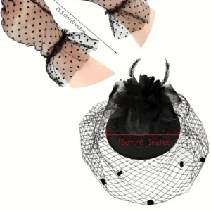 Alternative view of Ensemble élégant de 3 pièces de chapeau fascinateur avec voile noir, chapeau pilulier en polyester et gants en dentelle pour femmes - Épingles à cheveux au design unique, ensemble d'accessoires de style années 50 durable pour les goûters sans plumes