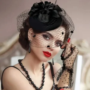 Ensemble élégant de 3 pièces de chapeau fascinateur avec voile noir, chapeau pilulier en polyester et gants en dentelle pour femmes - Épingles à cheveux au design unique, ensemble d'accessoires de style années 50 durable pour les goûters sans plumes